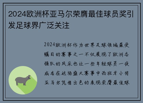 2024欧洲杯亚马尔荣膺最佳球员奖引发足球界广泛关注