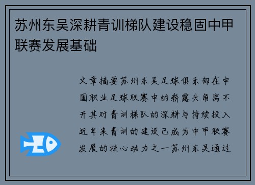 苏州东吴深耕青训梯队建设稳固中甲联赛发展基础 苏州东吴深耕青训梯队建设稳固中甲联赛发展基础
