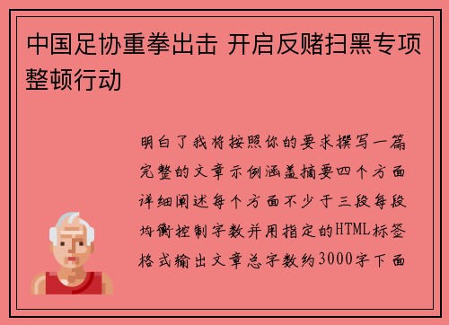 中国足协重拳出击 开启反赌扫黑专项整顿行动